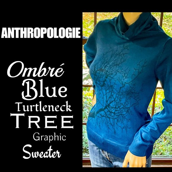 ▪️ANTHROPOLOGIE▪️Ombré Blue Turtleneck Tree Graphic Sweater - Picture 1 of 5